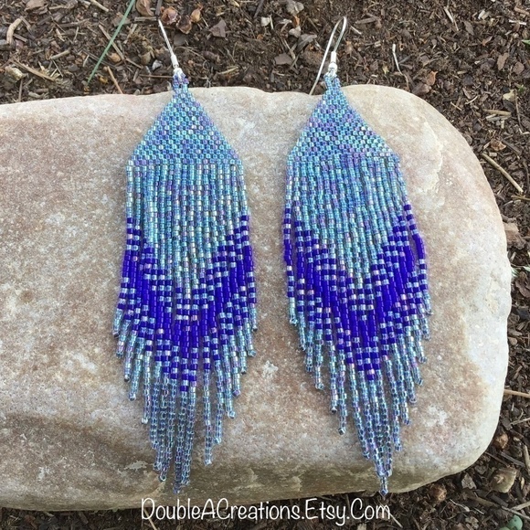 𝅺RAINBOW Gunmetal and Navy Beaded Earrings with Fringe - Picture 1 of 10